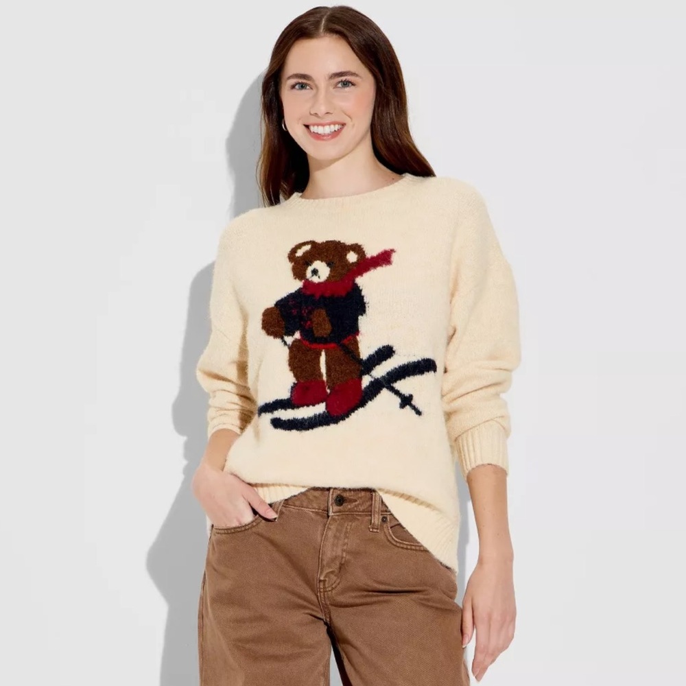 Wild Fable Women's Crewneck Pullover Heritage Novelty Sweater Off-White Bear XL
